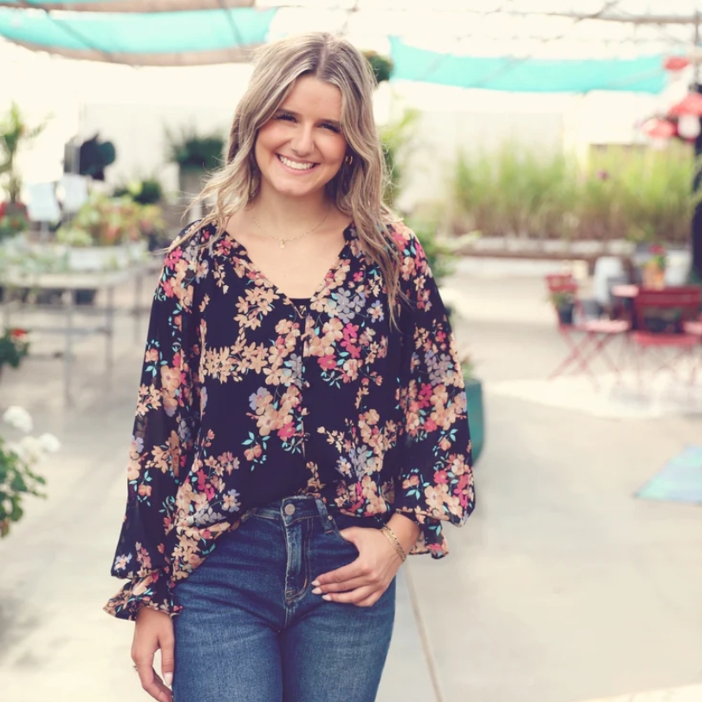 Floral V-Neck Blouse with Sheer Bell Sleeves